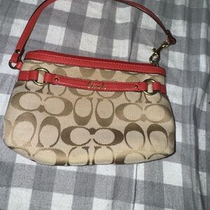 Coach Tan Signature Canvas Wristlet with Orange Trim